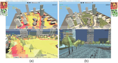 Integrated urban design (human-centric). (a) Heat island overlay; (b) green ...