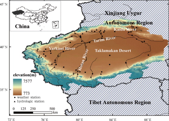 The Tarim River Basin in Northwest China and locations of meteorological and ...