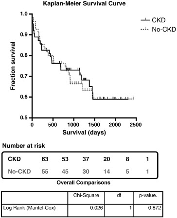 Kaplan–Meier Survival Curve comparing CKD with the No-CKD group survival. Table ...