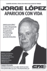 cartel que exige la aparición de Jorge Julio López