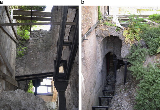 (a and b) Hypogeal space within the Giardino delle Milizie prior to the ...