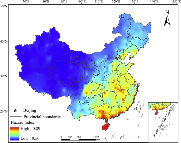 Spatial variation of hazard index of floods in China.