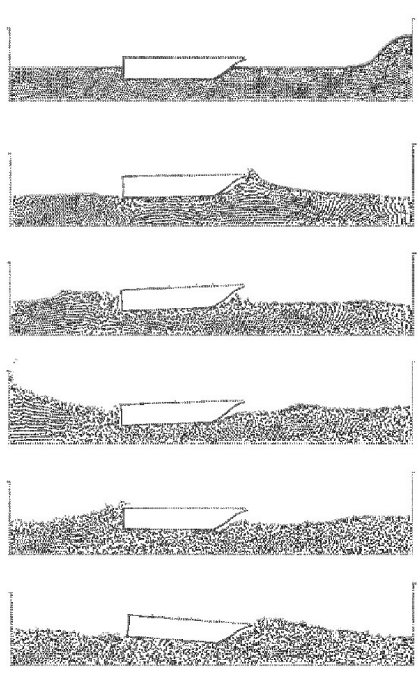 Motion of a rigid ship hit by an incoming wave. The ship is modelled as a rigid solid restrained to move in the vertical direction.