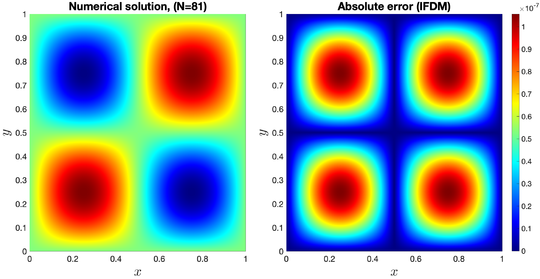 The numerical solution and the absolute error for Example 1 using a grid resolution with N=80.