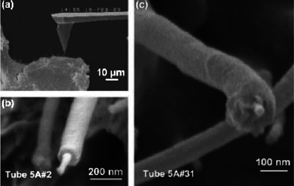 SEM image of nanomanipulation and fracture surface of composites [49].