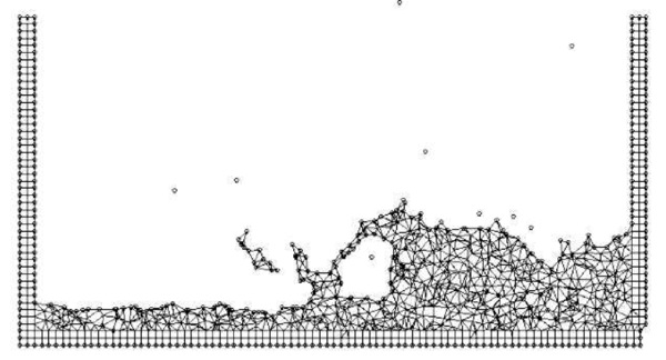 Breakage of a water column. (a) Discretization of the fluid domain and the solid walls. Boundary nodes are marked with circles. (b) and (c) Mesh in the fluid and solid domains at two different times.