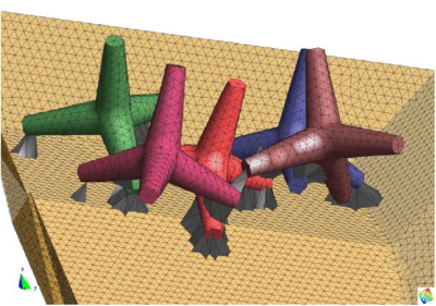 Detail of five tetrapods on an inclined plane. The layer of elements modeling the   frictional contact conditions is shown